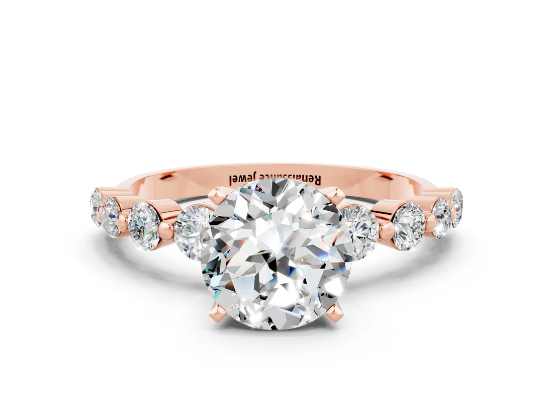 Rose gold Round Cut Solitaire Moissanite Ring with Pave Band and Four-Prong Setting