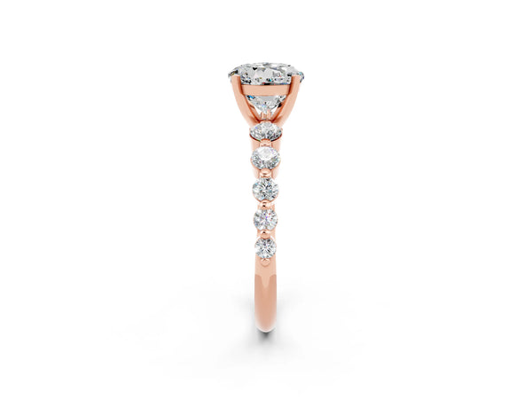 Rose gold Round Cut Solitaire Moissanite Ring with Pave Band and Four-Prong Setting