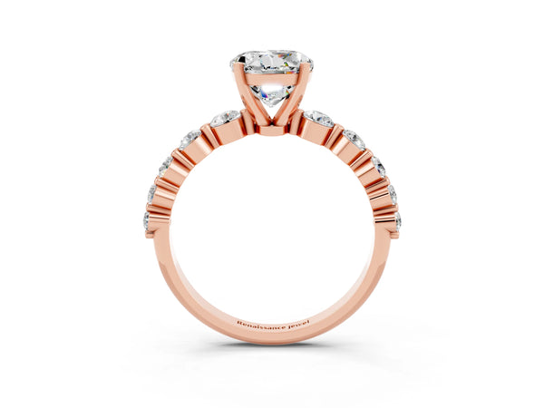 Rose gold Round Cut Solitaire Moissanite Ring with Pave Band and Four-Prong Setting