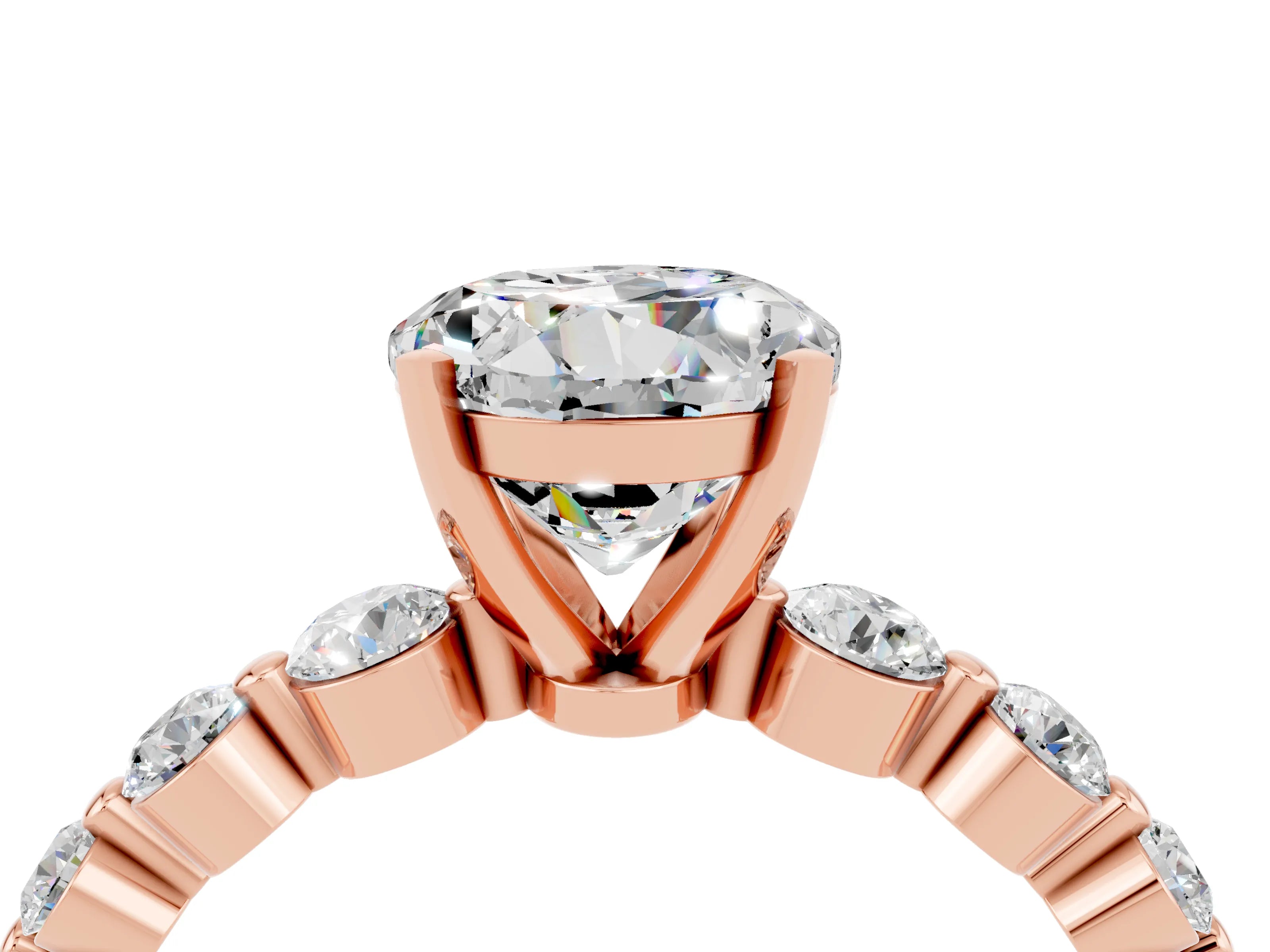 Rose gold Round Cut Solitaire Moissanite Ring with Pave Band and Four-Prong Setting_4