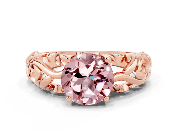 Rose gold Round Cut Solitaire Morganite Leaf-Inspired Vine Band Ring with Prong Setting