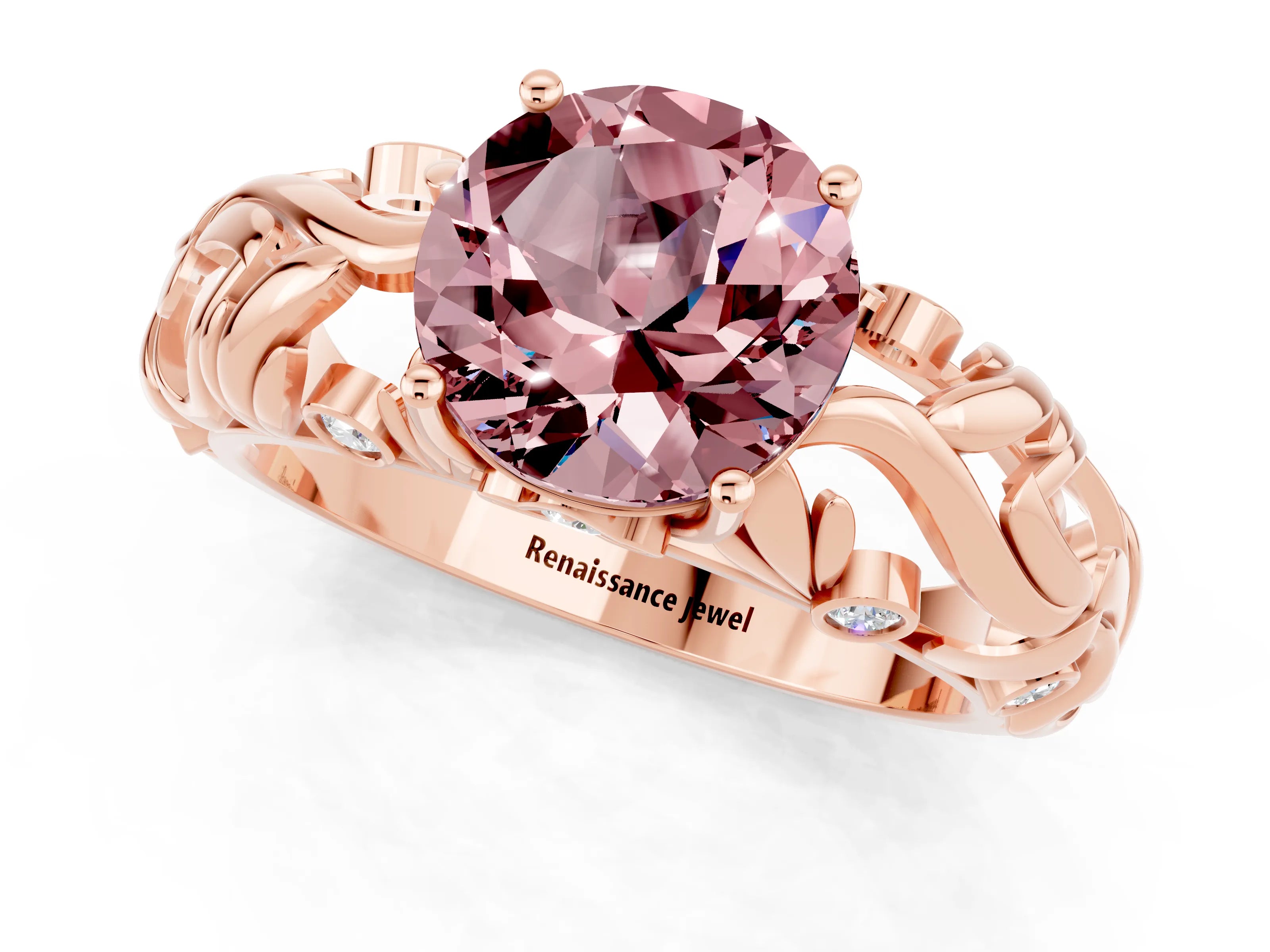 Rose gold Round Cut Solitaire Morganite Leaf-Inspired Vine Band Ring with Prong Setting_1