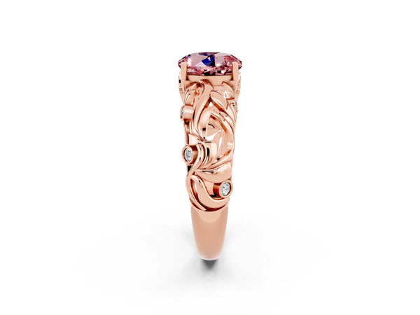 Rose gold Round Cut Solitaire Morganite Leaf-Inspired Vine Band Ring with Prong Setting