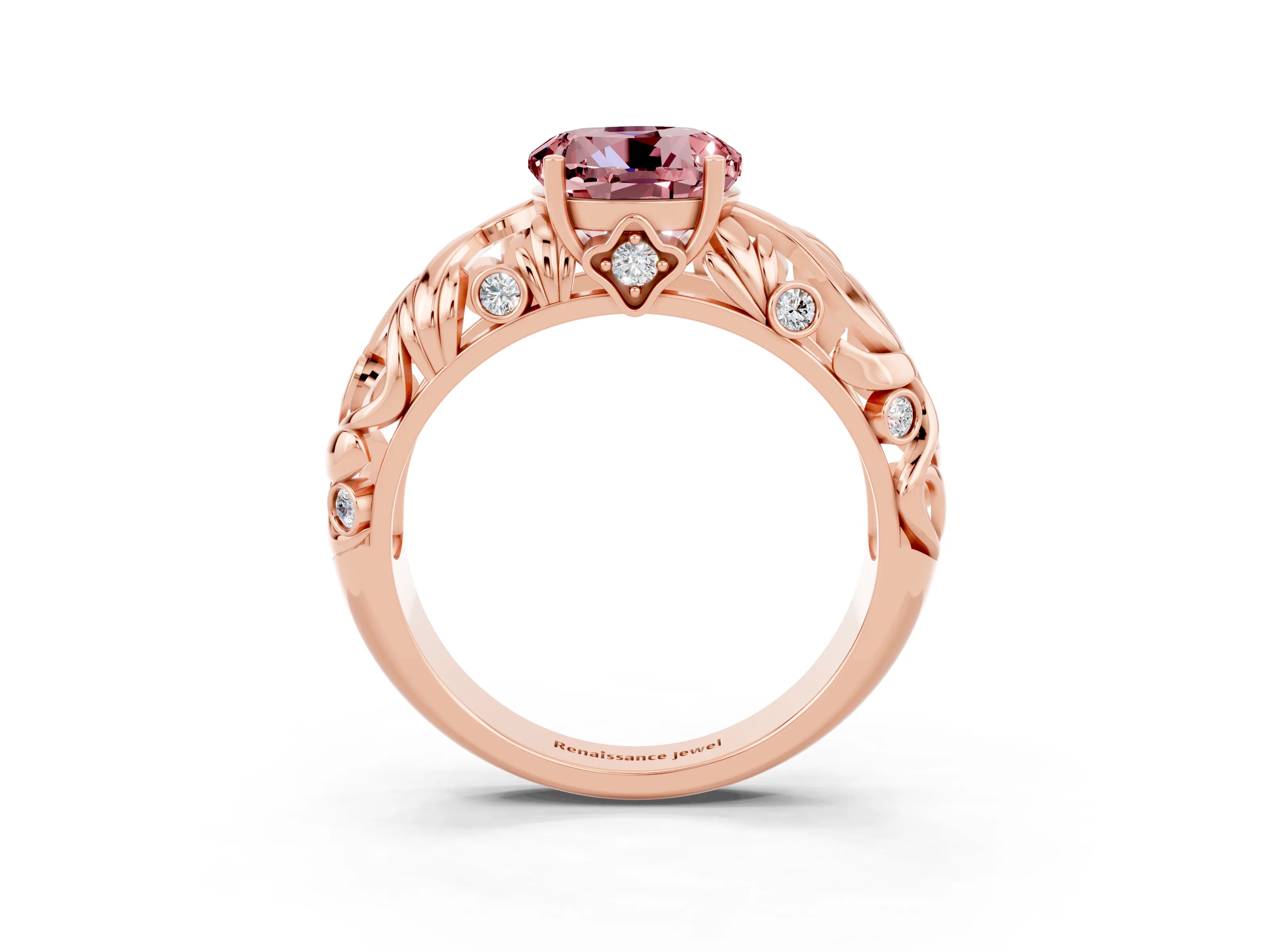 Rose gold Round Cut Solitaire Morganite Leaf-Inspired Vine Band Ring with Prong Setting_3