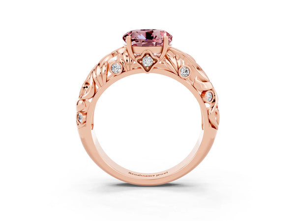 Rose gold Round Cut Solitaire Morganite Leaf-Inspired Vine Band Ring with Prong Setting