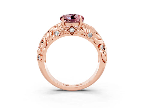 Rose gold Round Cut Solitaire Morganite Leaf-Inspired Vine Band Ring with Prong Setting_3