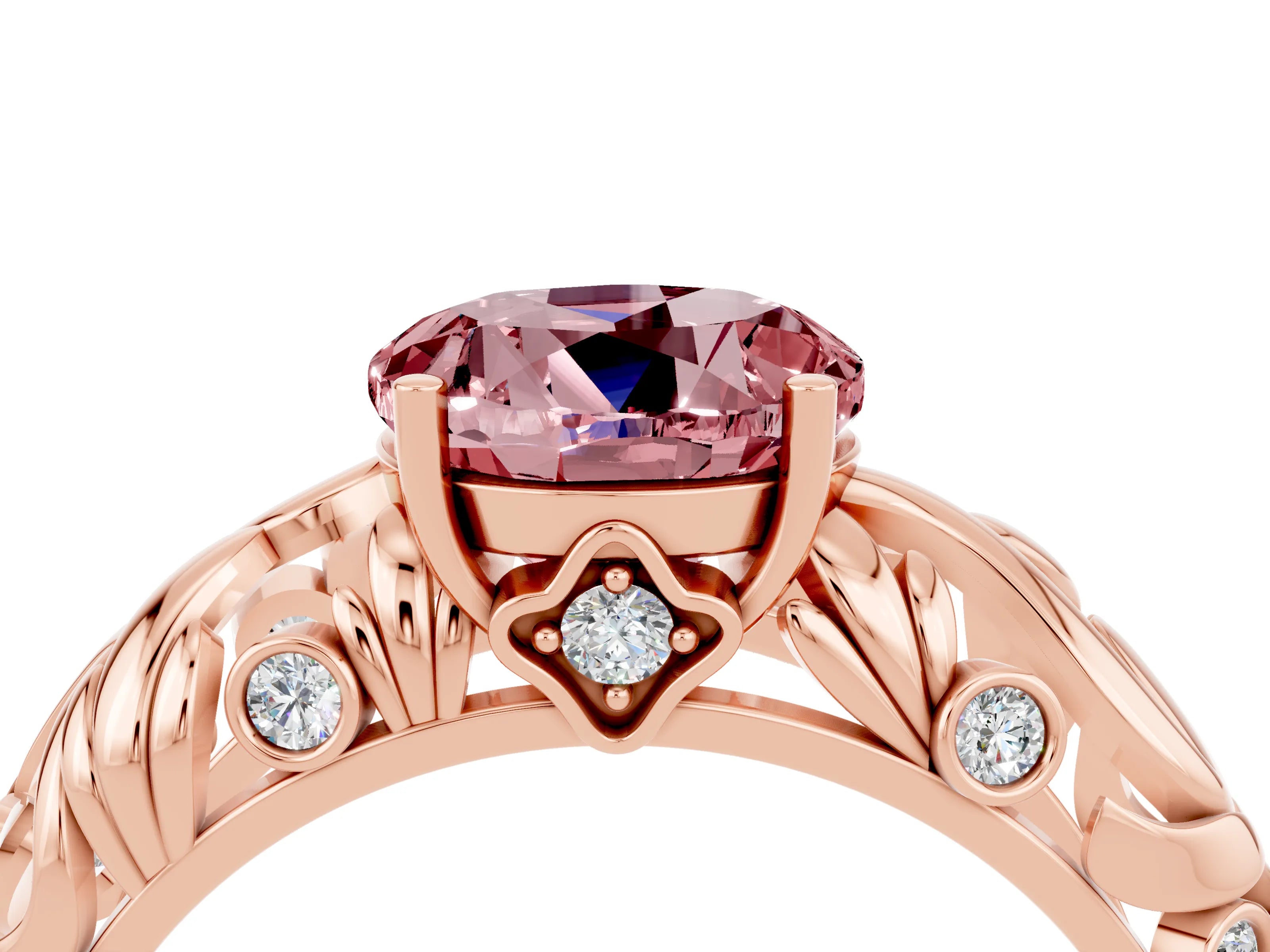 Rose gold Round Cut Solitaire Morganite Leaf-Inspired Vine Band Ring with Prong Setting_4