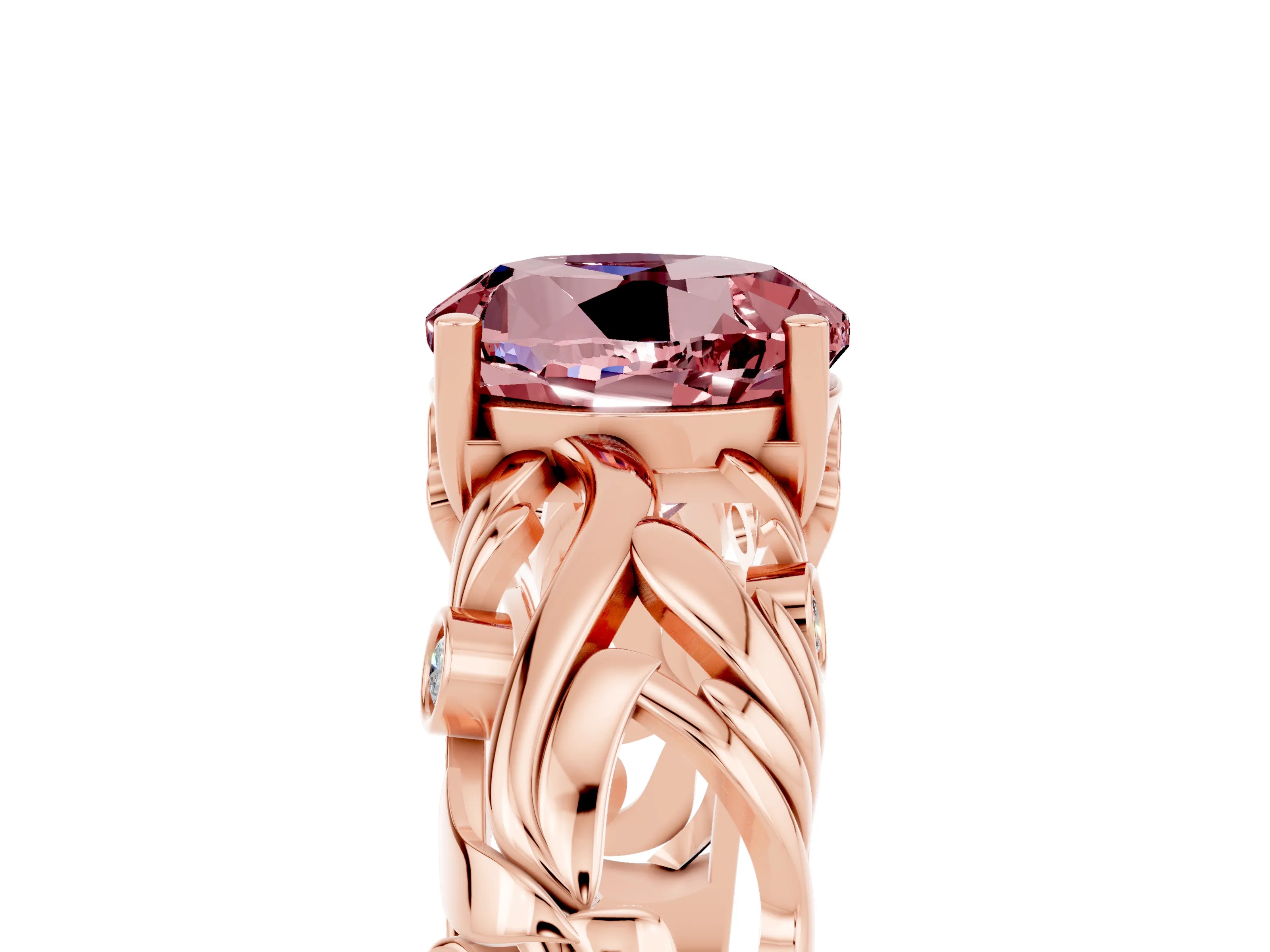Rose gold Round Cut Solitaire Morganite Leaf-Inspired Vine Band Ring with Prong Setting_5