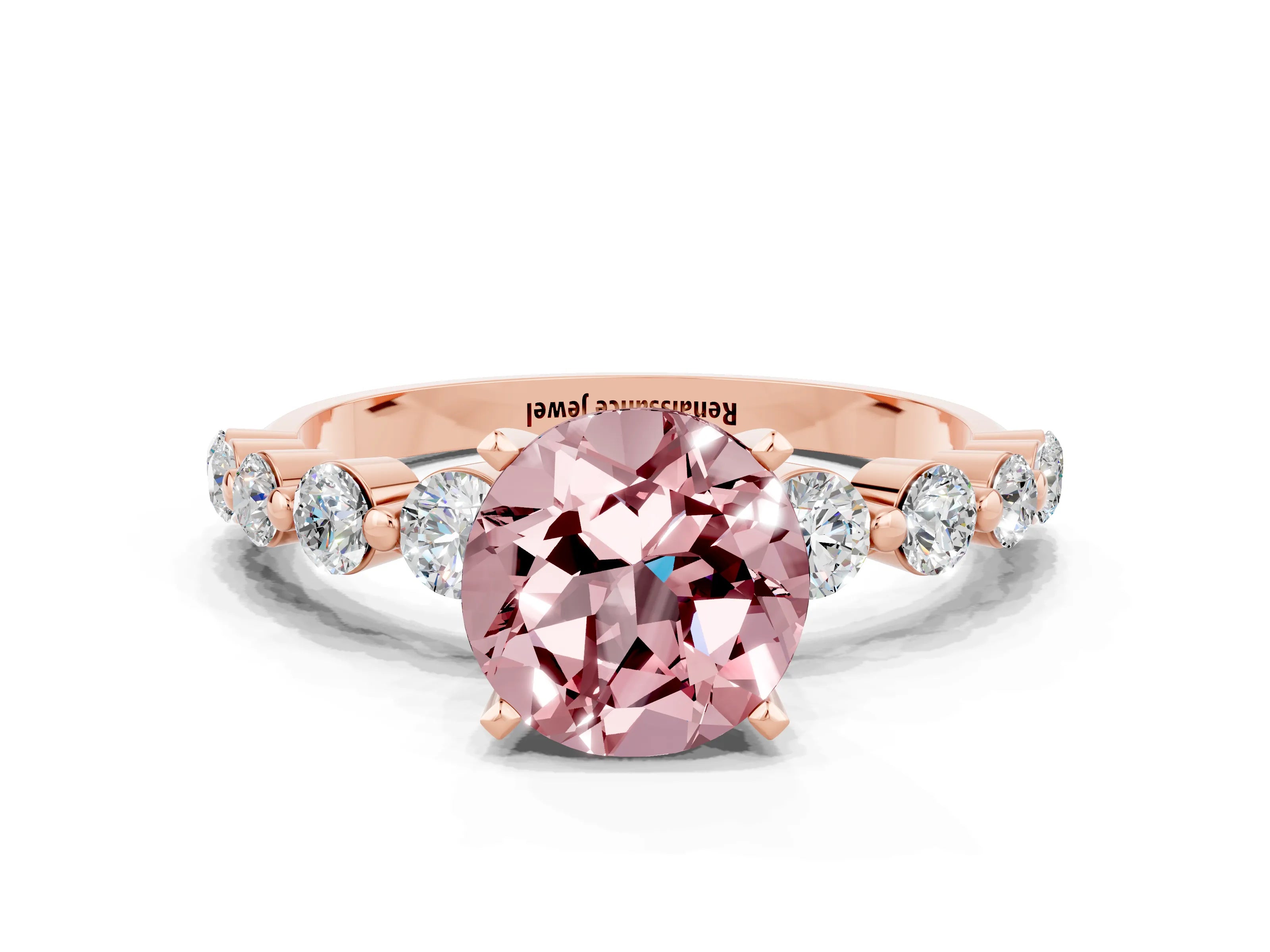 Rose gold Round Cut Solitaire Morganite Ring with Pave Band and Four-Prong Setting