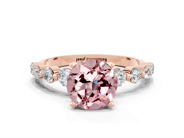 Rose gold Round Cut Solitaire Morganite Ring with Pave Band and Four-Prong Setting