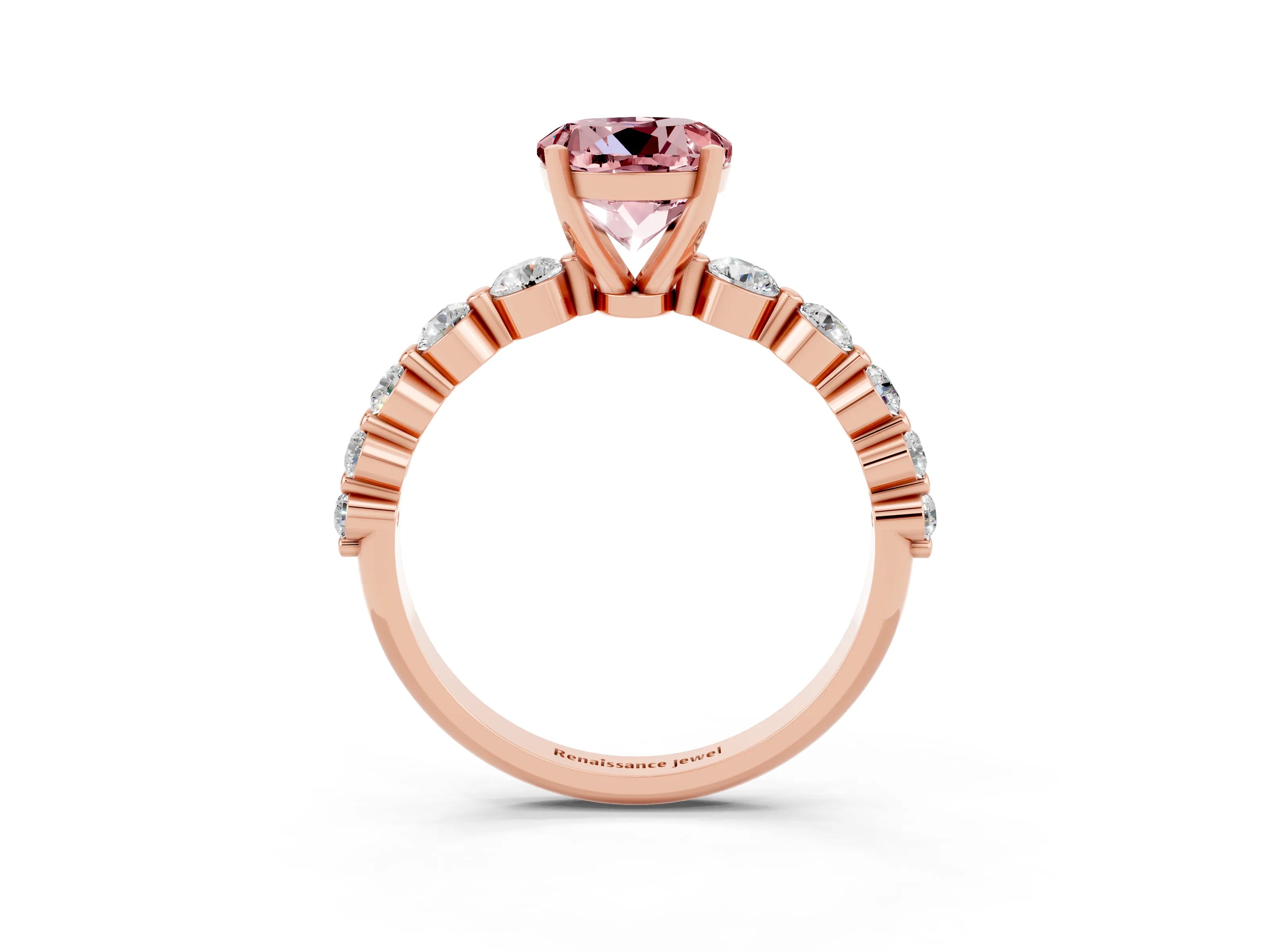 Rose gold Round Cut Solitaire Morganite Ring with Pave Band and Four-Prong Setting_3