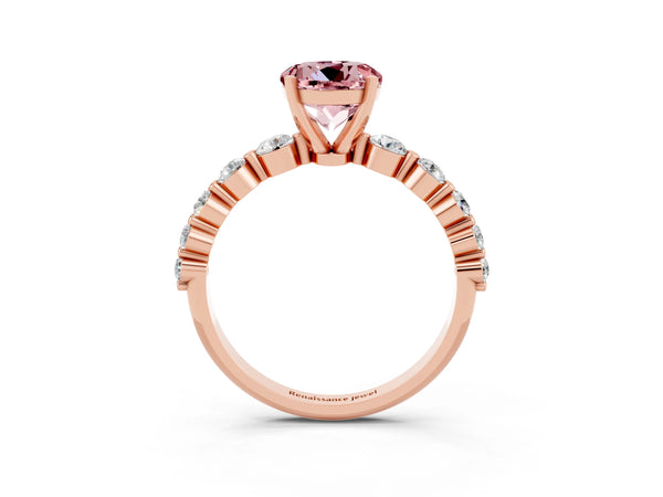 Rose gold Round Cut Solitaire Morganite Ring with Pave Band and Four-Prong Setting