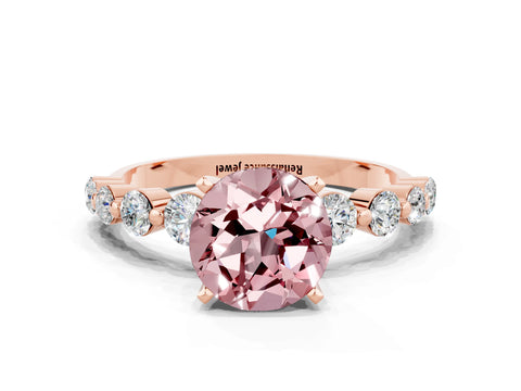 Rose gold Round Cut Solitaire Morganite Ring with Pave Band and Four-Prong Setting