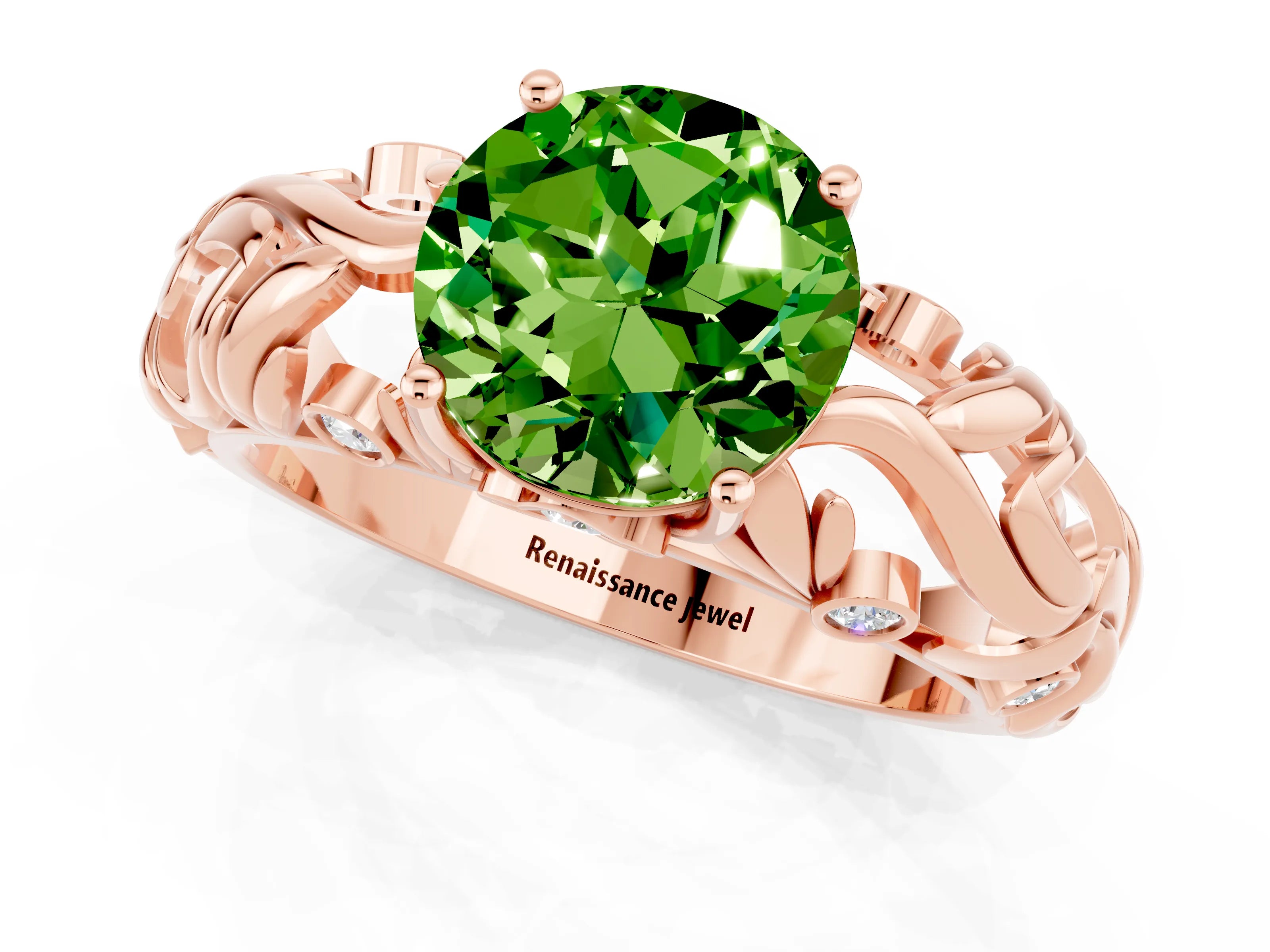 Rose gold Round Cut Solitaire Peridot Leaf-Inspired Vine Band Ring with Prong Setting_1
