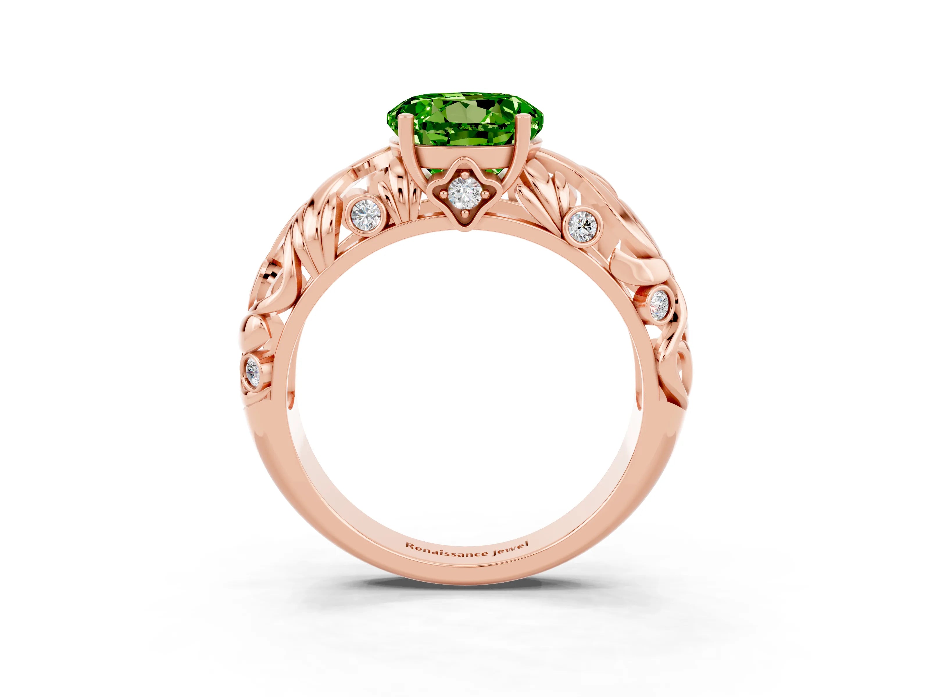 Rose gold Round Cut Solitaire Peridot Leaf-Inspired Vine Band Ring with Prong Setting_3