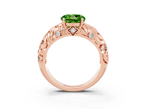 Rose gold Round Cut Solitaire Peridot Leaf-Inspired Vine Band Ring with Prong Setting