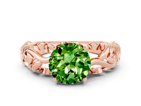 Rose gold Round Cut Solitaire Peridot Leaf-Inspired Vine Band Ring with Prong Setting