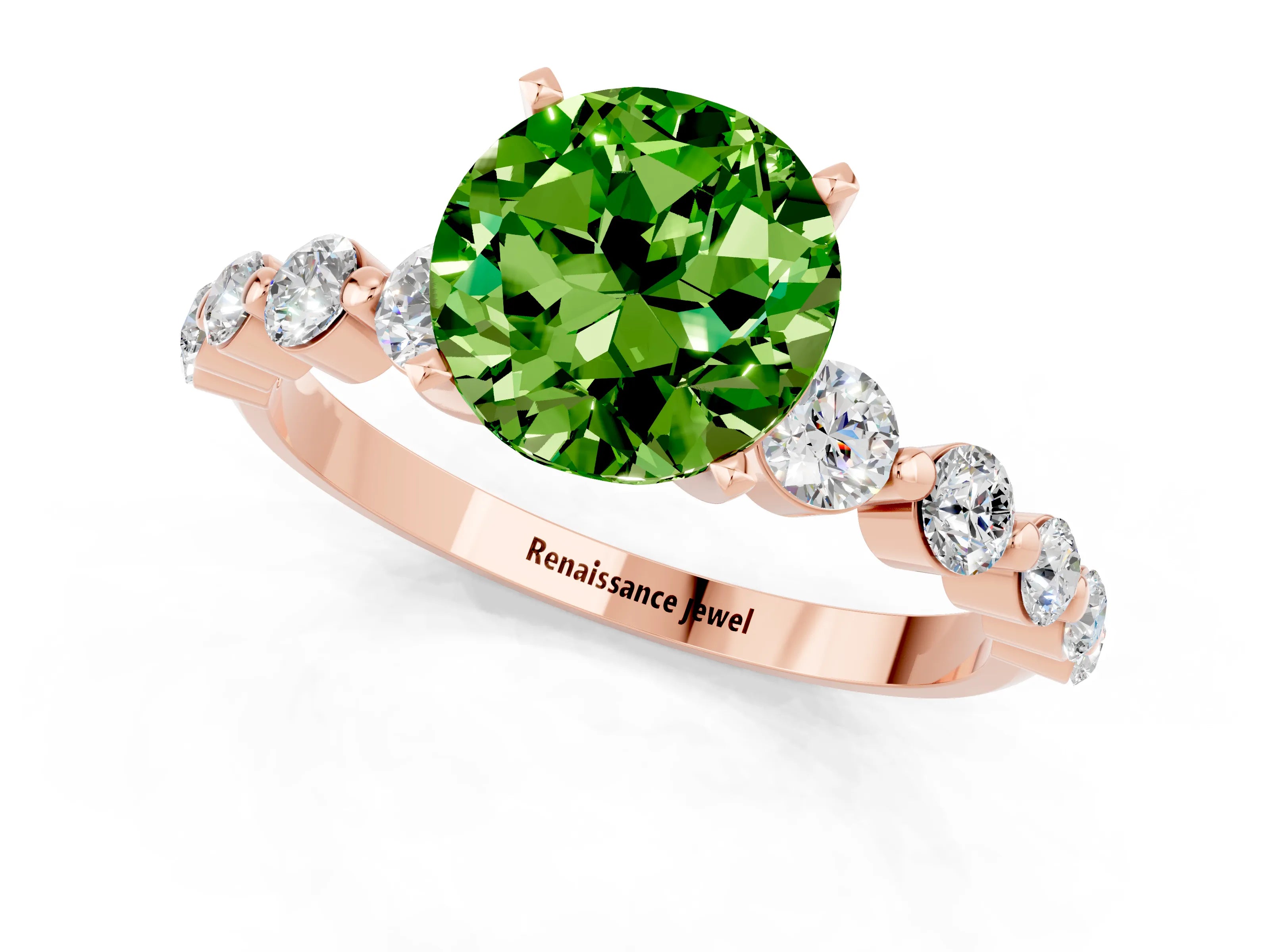 Rose gold Round Cut Solitaire Peridot Ring with Pave Band and Four-Prong Setting_1
