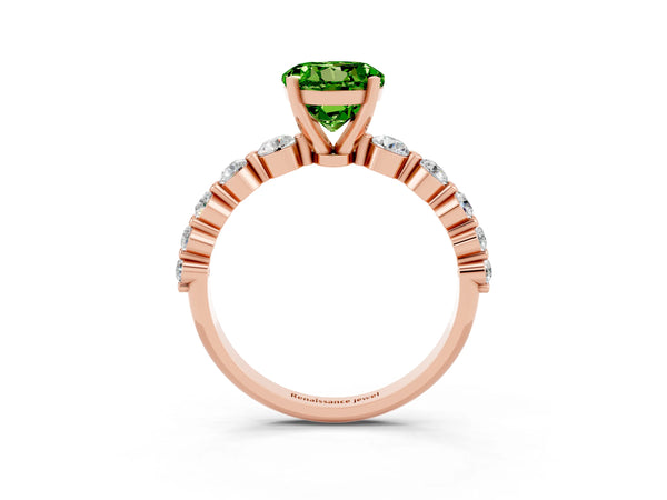 Rose gold Round Cut Solitaire Peridot Ring with Pave Band and Four-Prong Setting