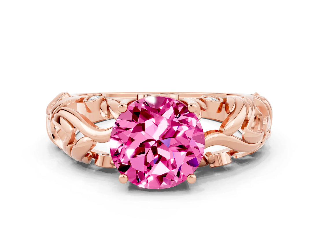 Rose gold Round Cut Solitaire Pink Sapphire Leaf-Inspired Vine Band Ring with Prong Setting_24