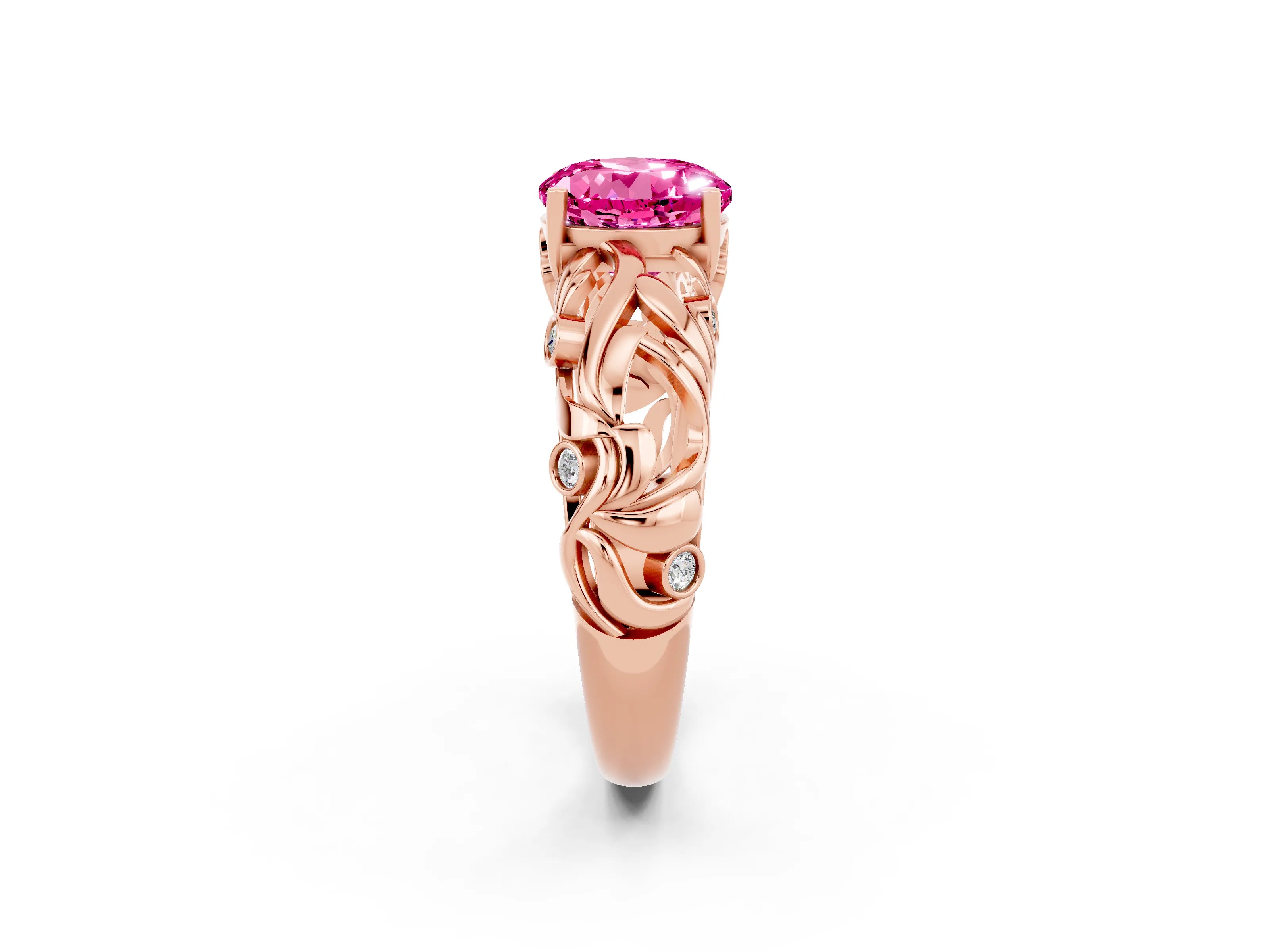 Rose gold Round Cut Solitaire Pink Sapphire Leaf-Inspired Vine Band Ring with Prong Setting_26