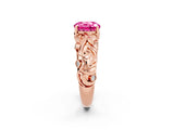 Rose gold Round Cut Solitaire Pink Sapphire Leaf-Inspired Vine Band Ring with Prong Setting_26