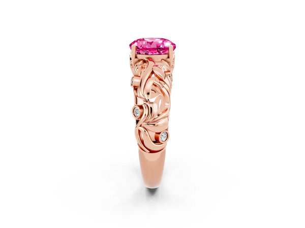 Rose gold Round Cut Solitaire Pink Sapphire Leaf-Inspired Vine Band Ring with Prong Setting
