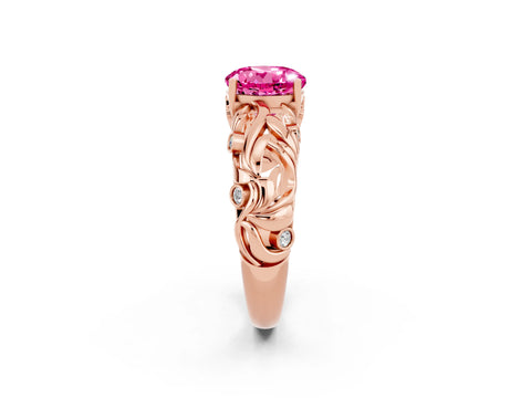 Rose gold Round Cut Solitaire Pink Sapphire Leaf-Inspired Vine Band Ring with Prong Setting_26