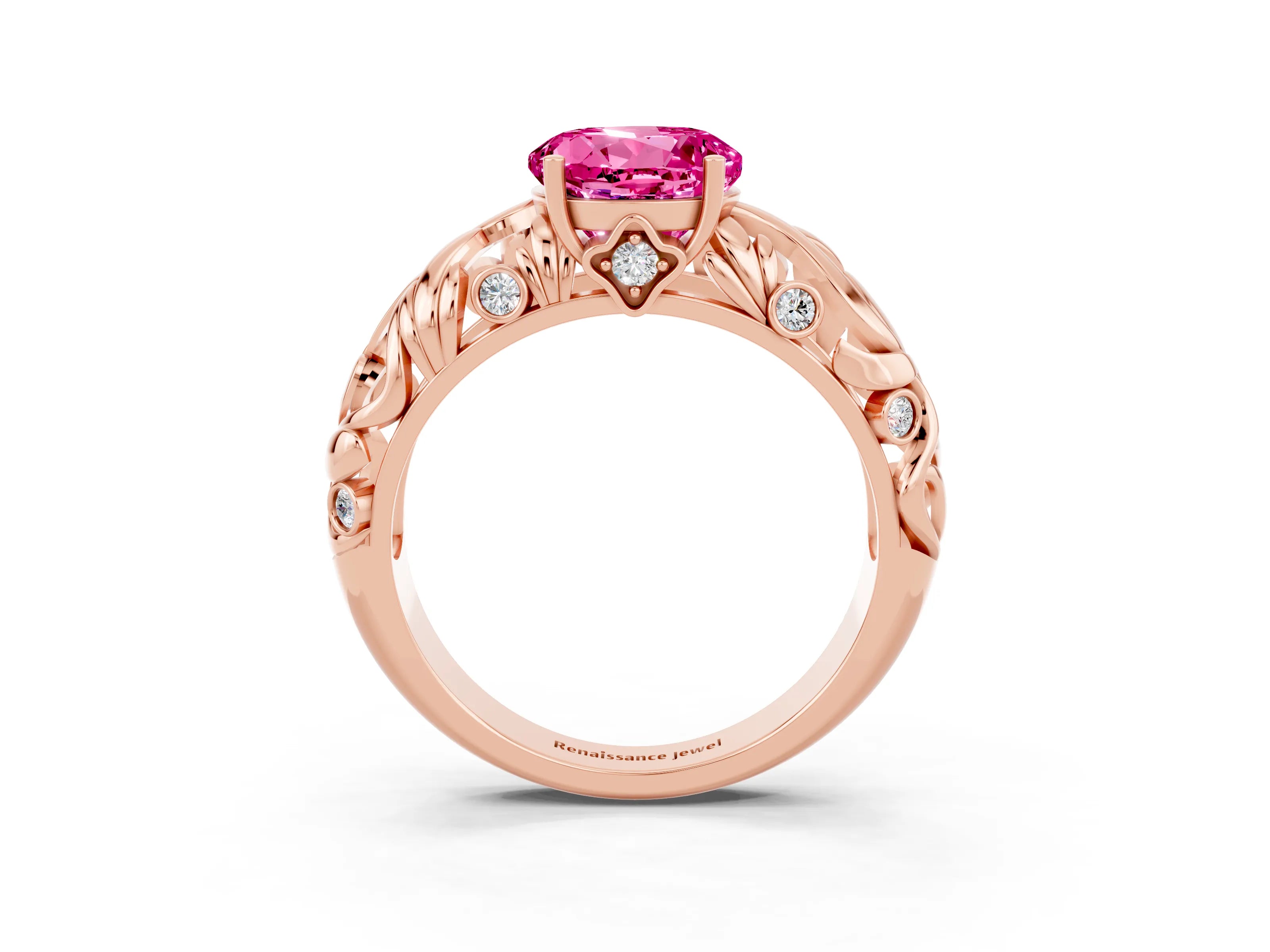 Rose gold Round Cut Solitaire Pink Sapphire Leaf-Inspired Vine Band Ring with Prong Setting_27