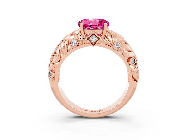 Rose gold Round Cut Solitaire Pink Sapphire Leaf-Inspired Vine Band Ring with Prong Setting