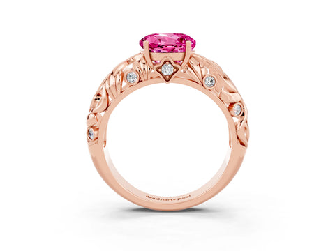 Rose gold Round Cut Solitaire Pink Sapphire Leaf-Inspired Vine Band Ring with Prong Setting_27