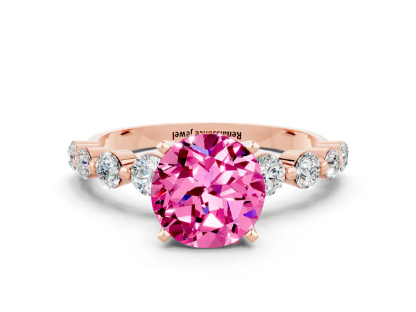 Rose gold Round Cut Solitaire Pink Sapphire Ring with Pave Band and Four-Prong Setting