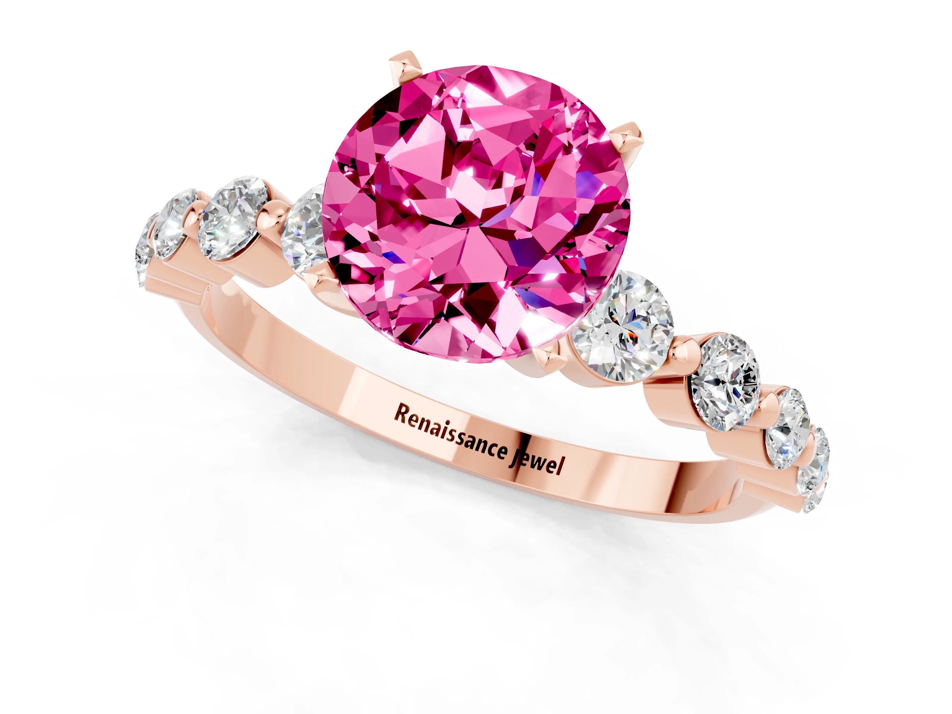 Rose gold Round Cut Solitaire Pink Sapphire Ring with Pave Band and Four-Prong Setting_25