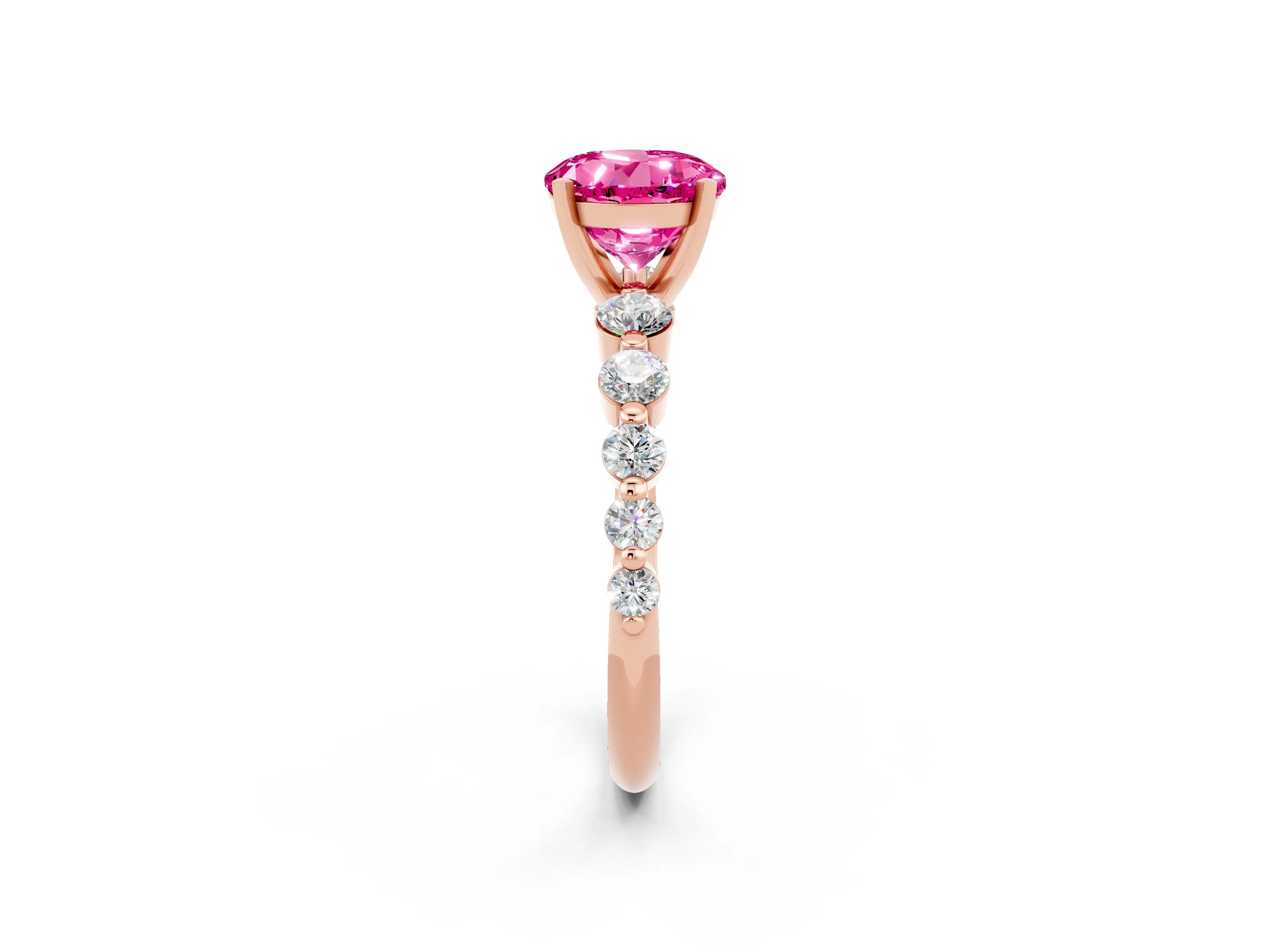 Rose gold Round Cut Solitaire Pink Sapphire Ring with Pave Band and Four-Prong Setting_26