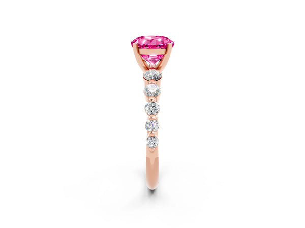Rose gold Round Cut Solitaire Pink Sapphire Ring with Pave Band and Four-Prong Setting
