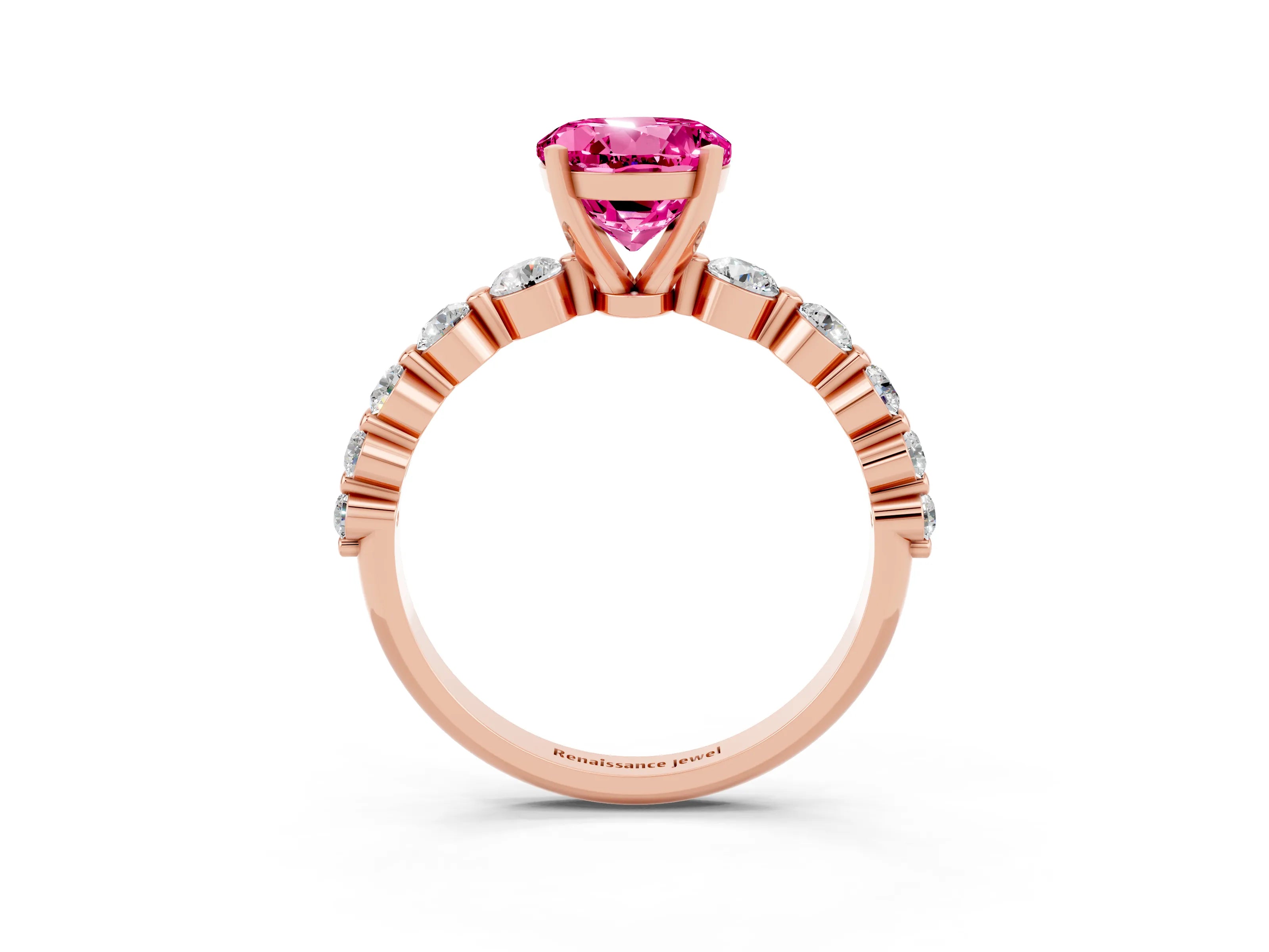 Rose gold Round Cut Solitaire Pink Sapphire Ring with Pave Band and Four-Prong Setting_27