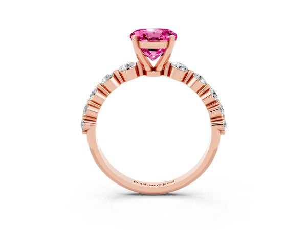 Rose gold Round Cut Solitaire Pink Sapphire Ring with Pave Band and Four-Prong Setting