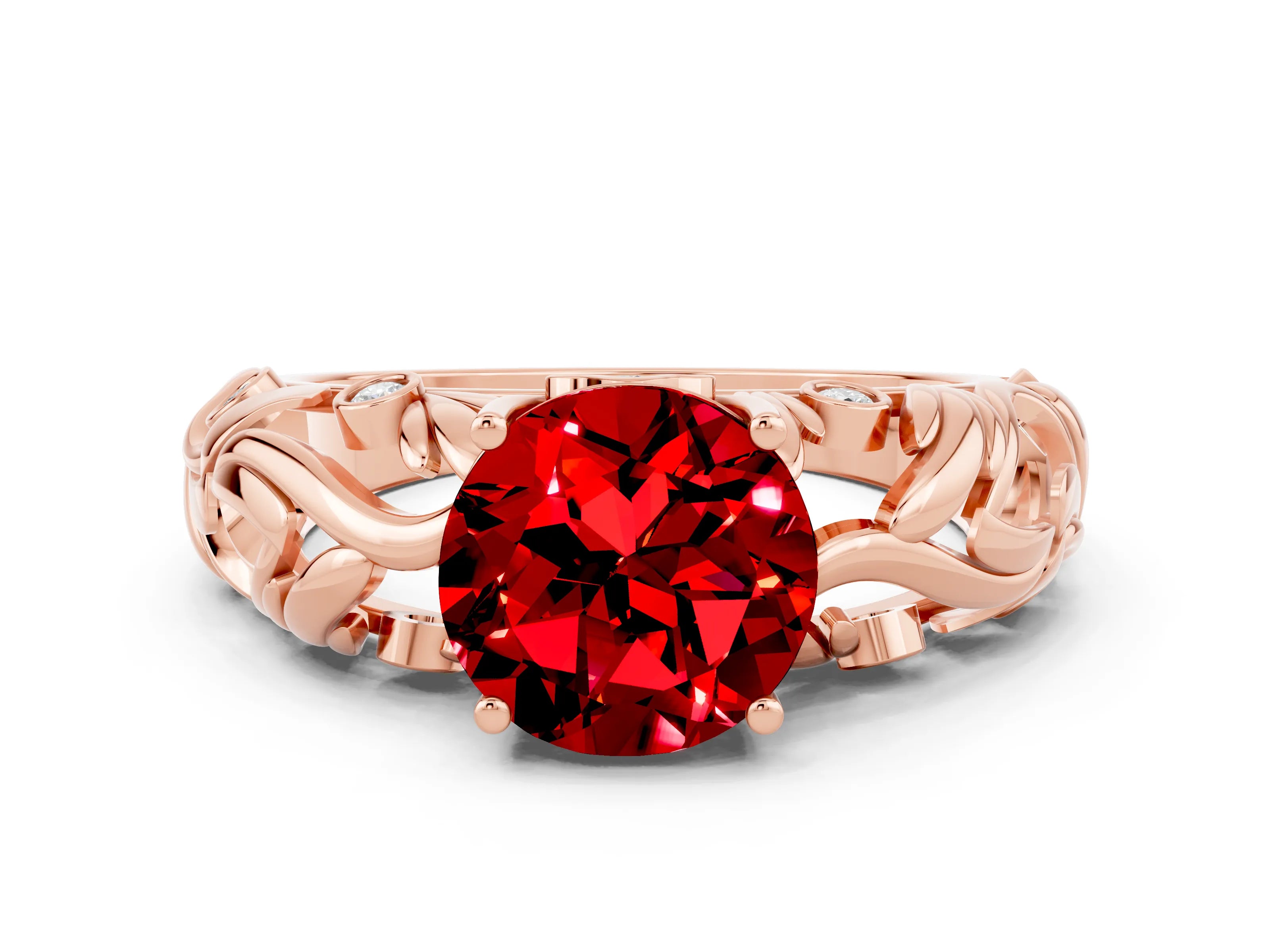 Rose gold Round Cut Solitaire Ruby Leaf-Inspired Vine Band Ring with Prong Setting