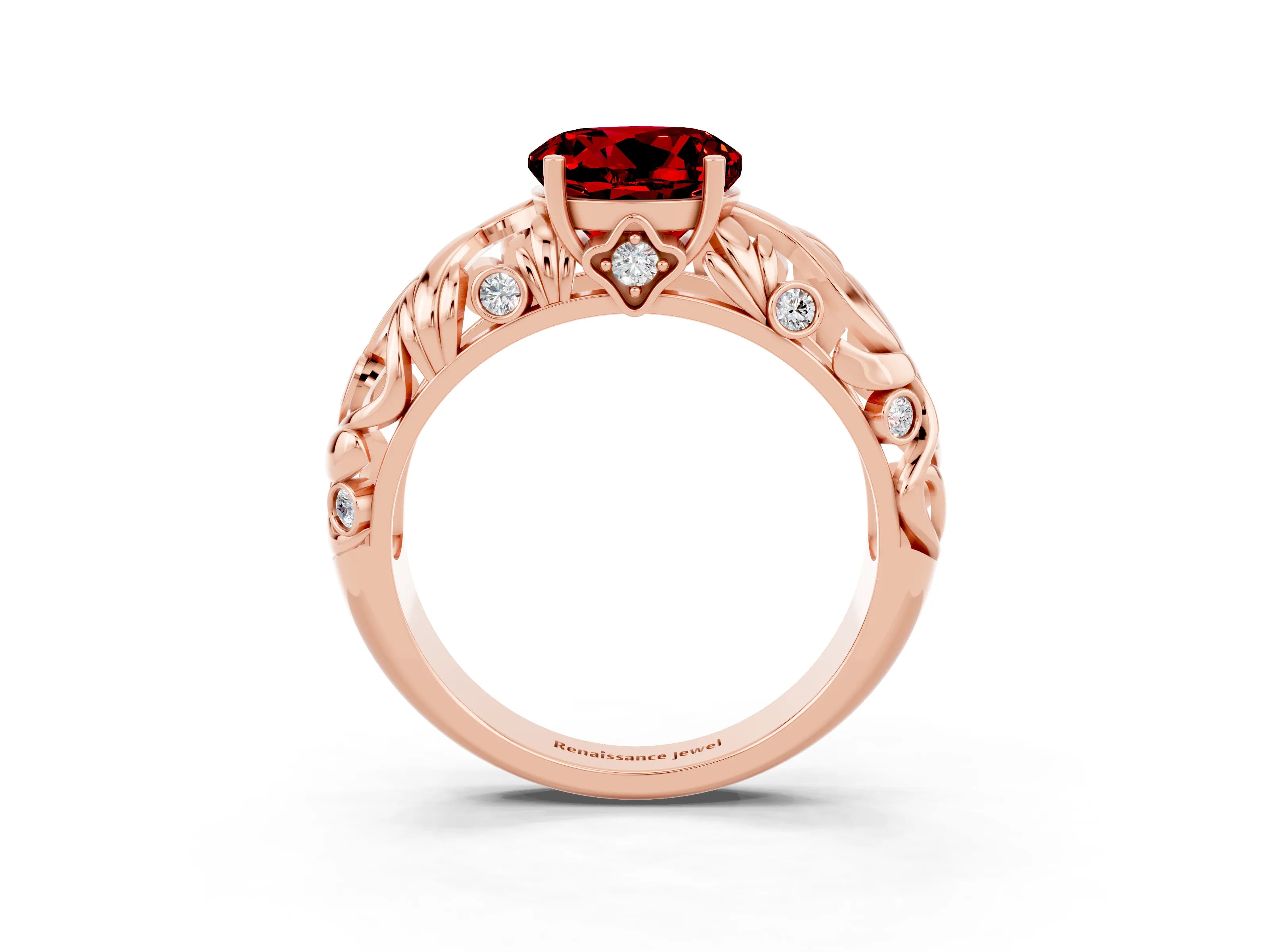Rose gold Round Cut Solitaire Ruby Leaf-Inspired Vine Band Ring with Prong Setting_3