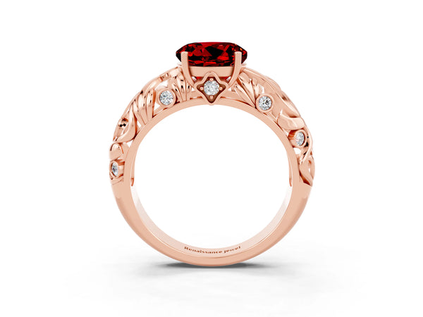 Rose gold Round Cut Solitaire Ruby Leaf-Inspired Vine Band Ring with Prong Setting