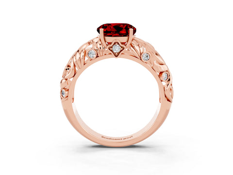 Rose gold Round Cut Solitaire Ruby Leaf-Inspired Vine Band Ring with Prong Setting_3