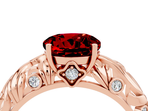 Rose gold Round Cut Solitaire Ruby Leaf-Inspired Vine Band Ring with Prong Setting_4