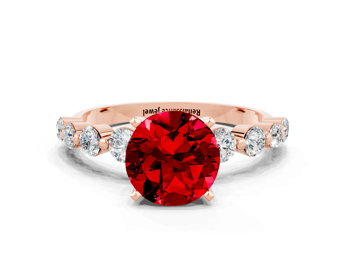 Rose gold Round Cut Solitaire Ruby Ring with Pave Band and Four-Prong Setting