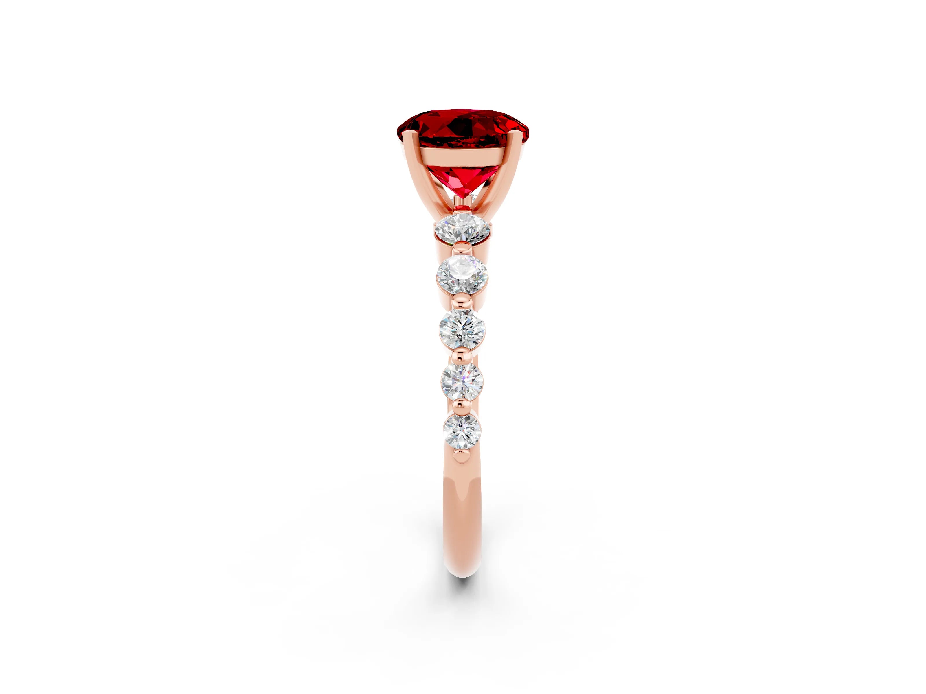 Rose gold Round Cut Solitaire Ruby Ring with Pave Band and Four-Prong Setting_2