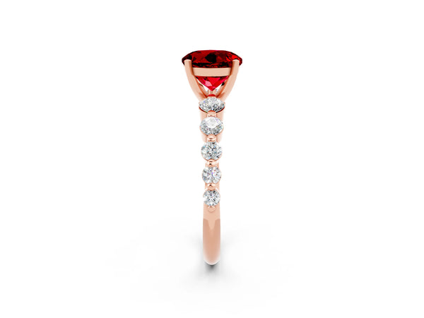 Rose gold Round Cut Solitaire Ruby Ring with Pave Band and Four-Prong Setting