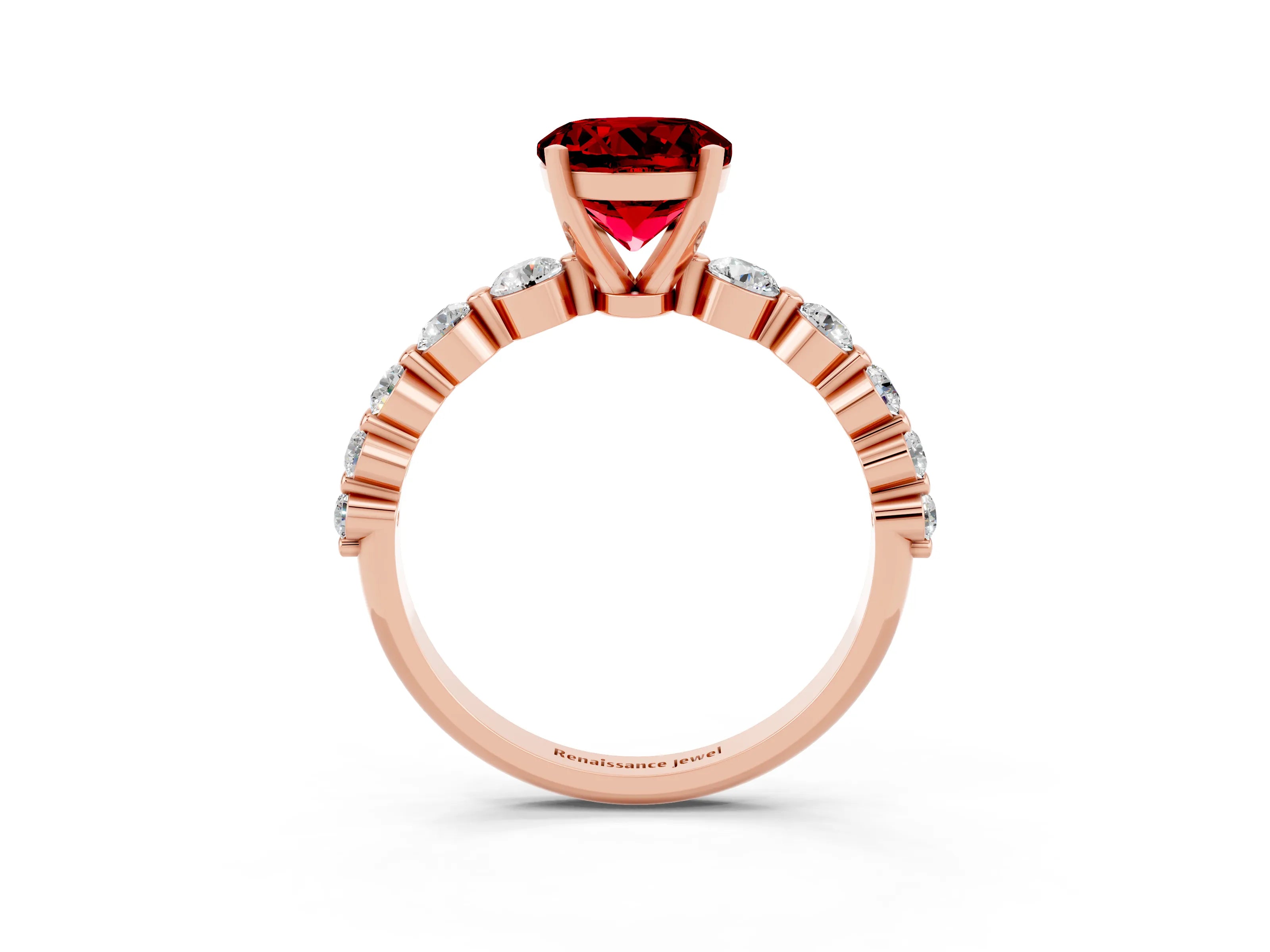 Rose gold Round Cut Solitaire Ruby Ring with Pave Band and Four-Prong Setting_3