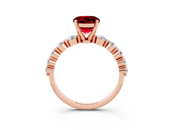 Rose gold Round Cut Solitaire Ruby Ring with Pave Band and Four-Prong Setting