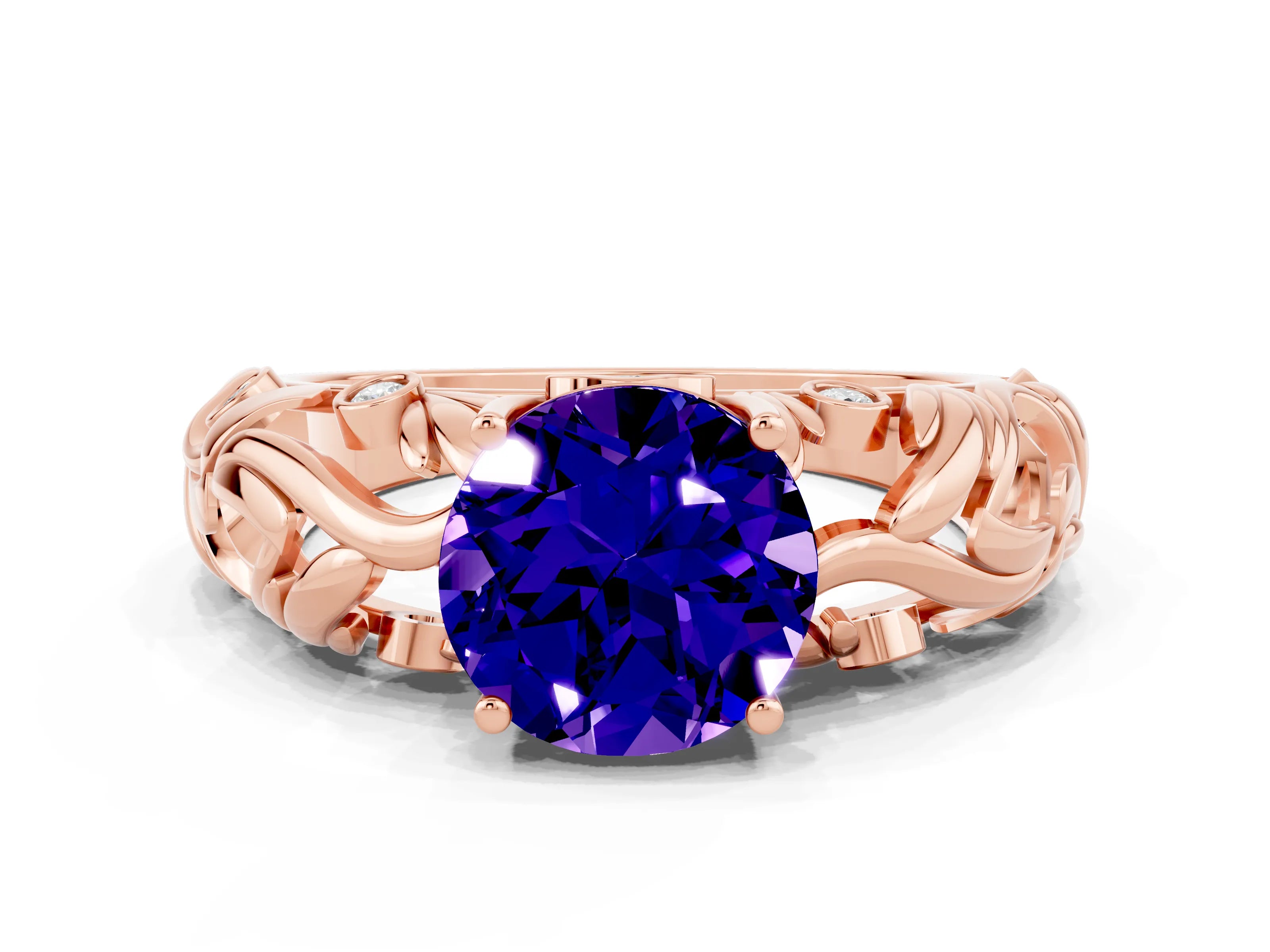 Rose gold Round Cut Solitaire Tanzanite Leaf-Inspired Vine Band Ring with Prong Setting