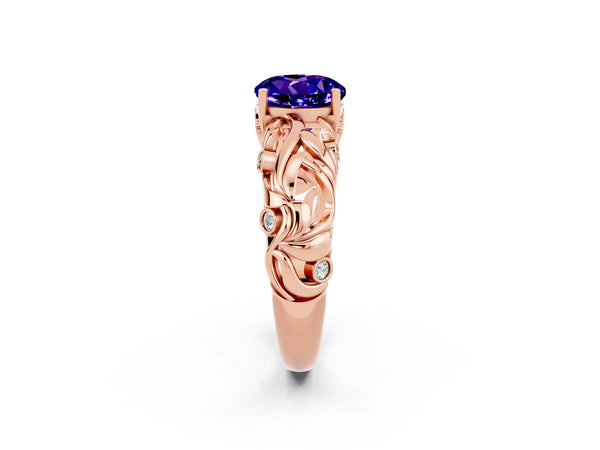 Rose gold Round Cut Solitaire Tanzanite Leaf-Inspired Vine Band Ring with Prong Setting