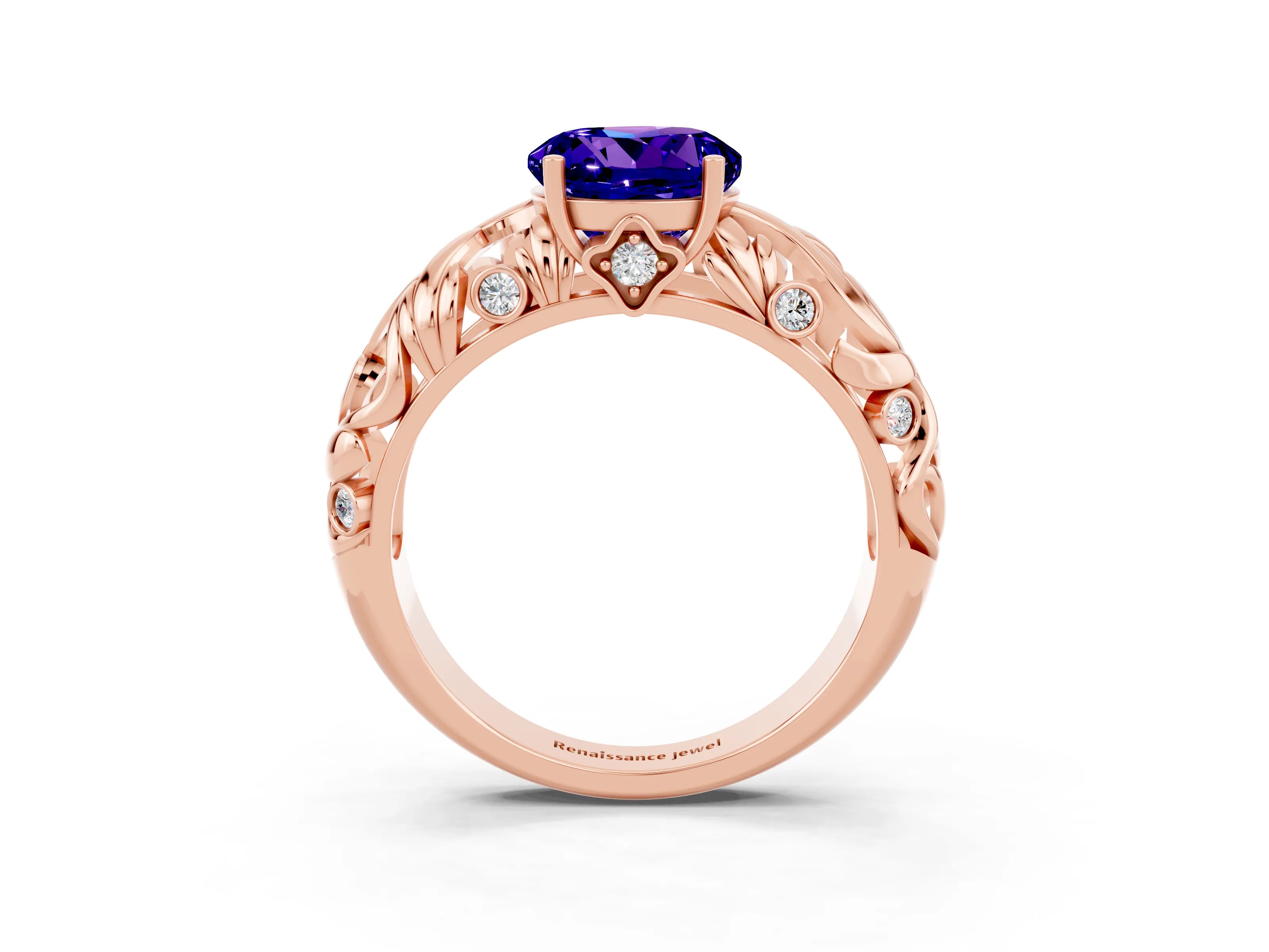Rose gold Round Cut Solitaire Tanzanite Leaf-Inspired Vine Band Ring with Prong Setting_3